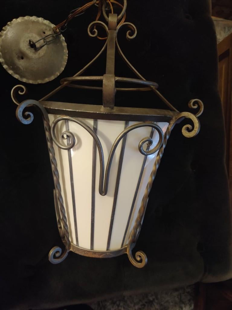 Grote smeedijzeren hanglamp lantaarn 34 cm, Huis en Inrichting, Lampen | Hanglampen, Ophalen, Romantisch, Zo goed als nieuw, Glas
