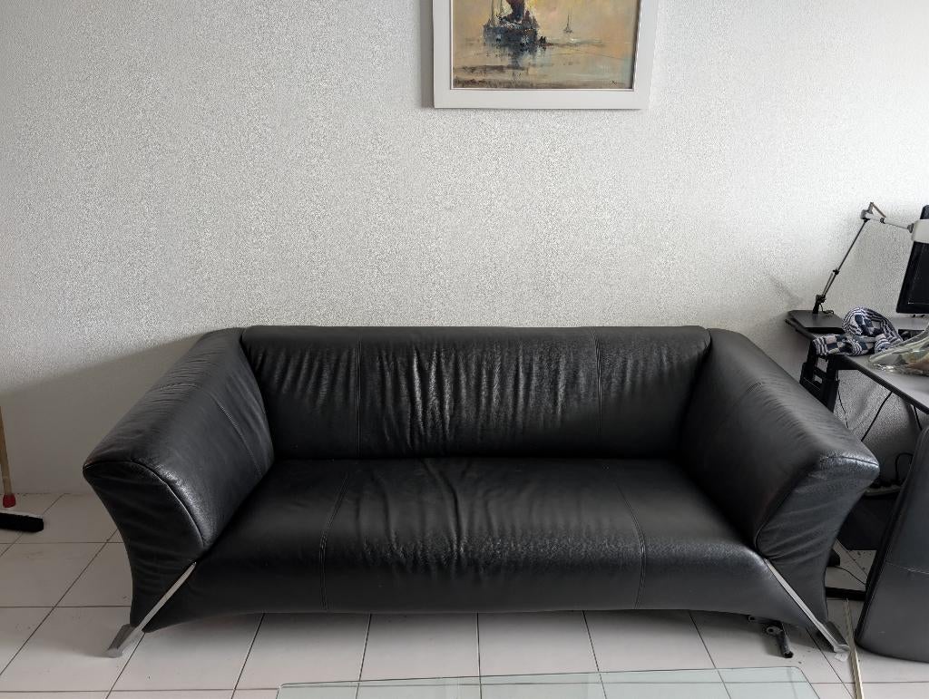 Rolf Benz 322 Design Klassieker - Zwart Leer - 3-zits, Ophalen, Gebruikt, Driepersoons, Rechte bank