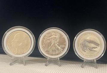 3 Zilveren Munten 1ounce – Eagle, Crocodil & Chad beschikbaar voor biedingen
