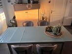 Uitschuifbare tafel met melkglas blad en ijzeren poten, Huis en Inrichting, Ophalen, Gebruikt, 200 cm of meer, 50 tot 100 cm