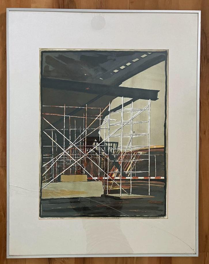 Litho "constructie" van Joost Minnigh in lijst, Antiek en Kunst, Kunst | Litho's en Zeefdrukken, Ophalen