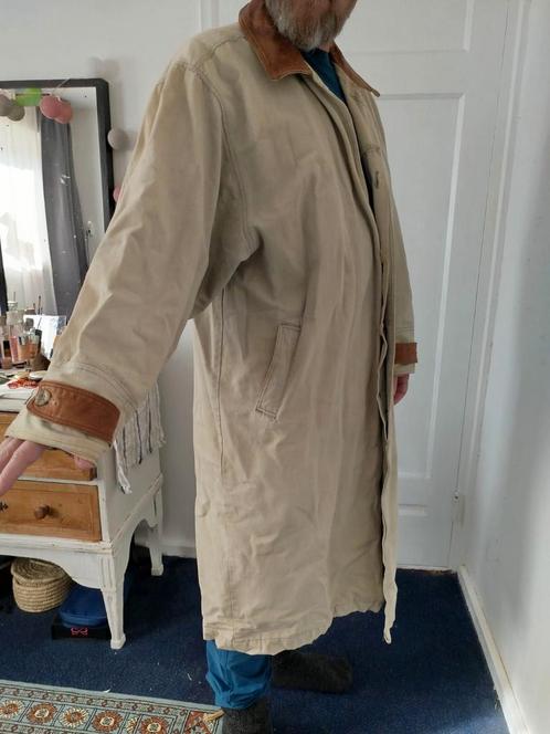 Vintage! 1988! Lange canvas heren jas met leren stukken, Kleding | Heren, Overige Herenkleding, Gedragen, Ophalen of Verzenden