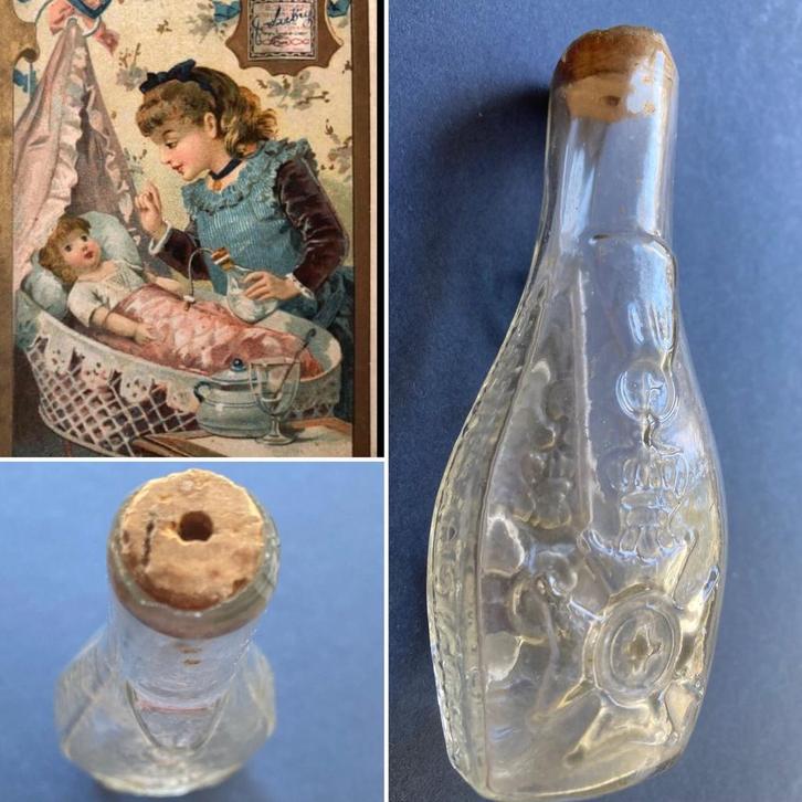 🌿 Pop,Bru,”2 ANTIEK GLAZEN FRANSE POPPENZUIGFLESJES”🌿, Antiek en Kunst, Antiek | Speelgoed, Verzenden