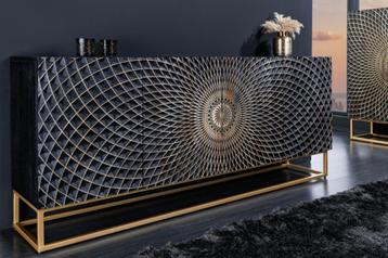 dressoir zwart mangohout 3D Houtsnijwerk 177 cm VOORRAAD beschikbaar voor biedingen