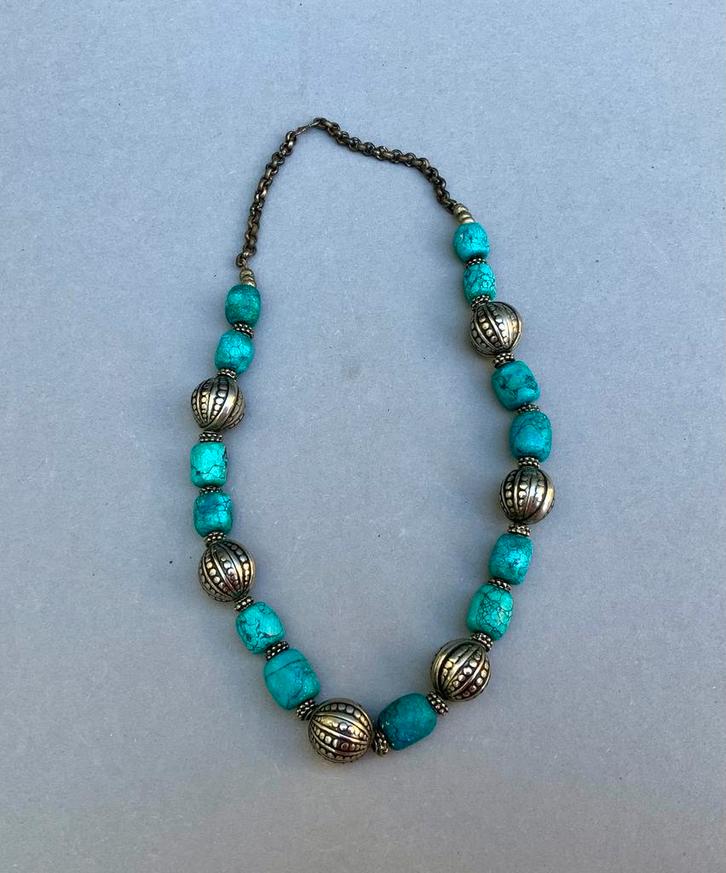 Vintage Berber Amazigh Ketting Zilver en Turquoise Tagmoet, Sieraden, Tassen en Uiterlijk, Antieke sieraden, Ketting, Zilver, Ophalen of Verzenden