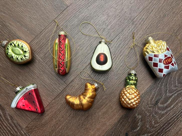 Set te gekke fruit & friet kerstornamenten, Diversen, Kerst, Zo goed als nieuw, Ophalen of Verzenden