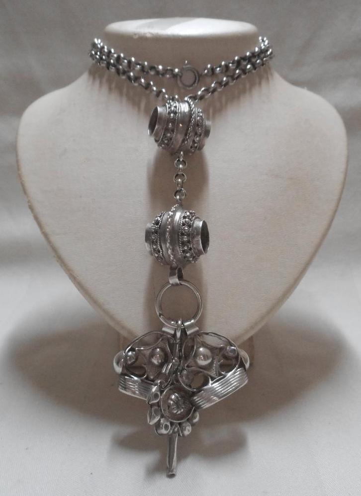 Zilveren jasseron ketting met signetten en sleutel nr.834, Sieraden, Tassen en Uiterlijk, Antieke sieraden, Ketting, Zilver, Verzenden