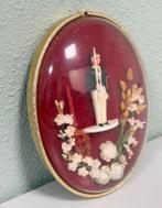 Antieke ronde stolp ovaal handgemaakt poppetje bloemen 1900, Ophalen of Verzenden