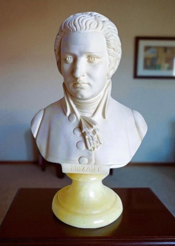 Gesigneerd componist buste Mozart borstbeeld op onyx steen, Antiek en Kunst, Kunst | Beelden en Houtsnijwerken, Ophalen of Verzenden