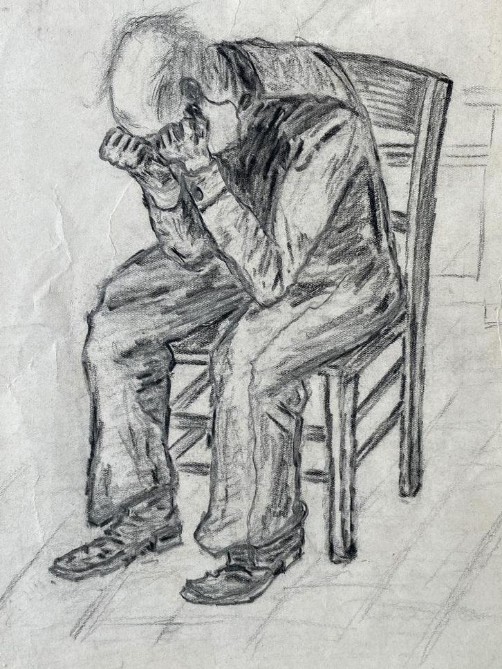 TEKENING - Naar Van Gogh - Treurende man op stoel - Super!!, Antiek en Kunst, Kunst | Etsen en Gravures, Ophalen of Verzenden