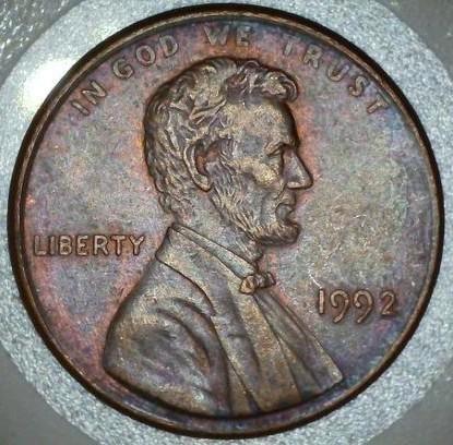 Toned Lincoln Cent 1992, Postzegels en Munten, Munten | Amerika, Losse munt, Noord-Amerika, Ophalen of Verzenden