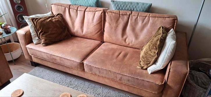 Leren bank 4 zits en 2 losse fauteuils cognac, Huis en Inrichting, Banken | Bankstellen, 200 tot 250 cm, 75 tot 100 cm, Ophalen