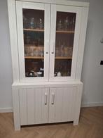 Wood Dressoirkast met vitrinekast geborsteld wit, Huis en Inrichting, Ophalen, Robuust en stevig, 100 tot 150 cm, Grenenhout