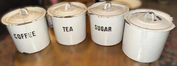 4 delig Coffee Tea Sugar emaille voorraadpotten made England beschikbaar voor biedingen