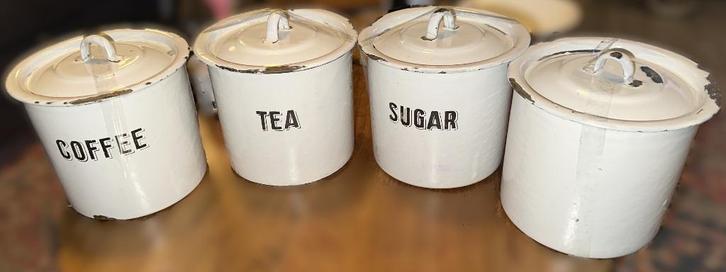 4 delig Coffee Tea Sugar emaille voorraadpotten made England, Antiek en Kunst, Antiek | Emaille, Ophalen
