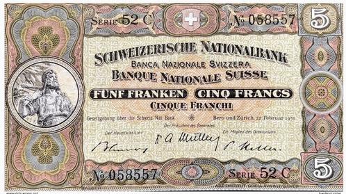 Zwitserland, 5 Francs, 1951, VF+, p11o#, Postzegels en Munten, Bankbiljetten | Europa | Niet-Eurobiljetten, Los biljet, Overige landen