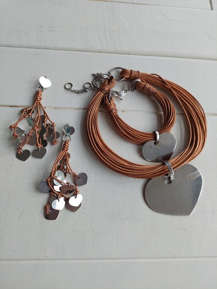 Nanis Sieradenset - Hartjes, Bruin Leer & Zilver, Sieraden, Tassen en Uiterlijk, Kettingen, Gebruikt, Zilver, Zilver, Met hanger