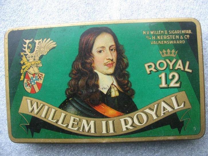 Oud Sigaren Blik - Willem II Royal / Kersten Valkenswaard, Verzamelen, Rookartikelen, Aanstekers en Luciferdoosjes, Gebruikt, Tabaksdoos of Verpakking
