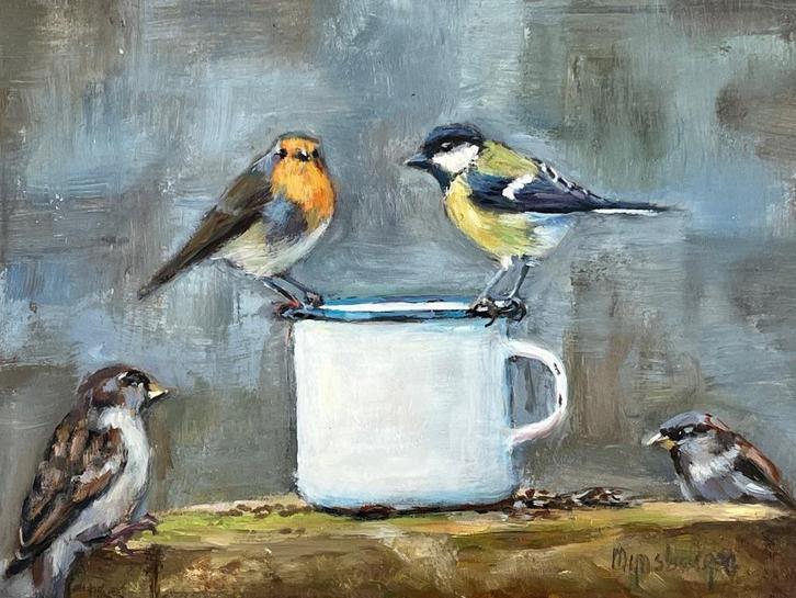Hans Mijnsbergen, vogeltjes pikken een graantje mee, Antiek en Kunst, Kunst | Schilderijen | Klassiek, Ophalen