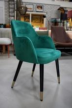 3 hippe eetkamerstoelen stof velvet groen armleuning velours, Huis en Inrichting, Stoelen, Ophalen, Overige kleuren, Drie, Zo goed als nieuw
