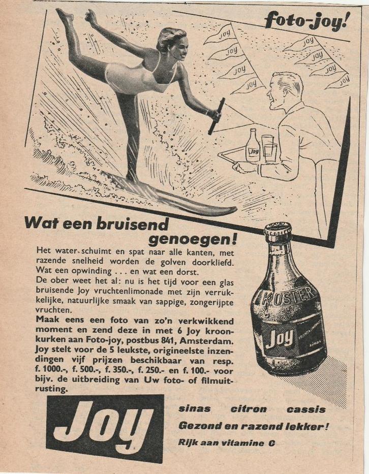 Retro reclame 1957 Joy frisdrank vrouw waterskiester, Verzamelen, Retro, Overige typen, Verzenden