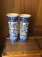 Delftsblauwe Chinese Cilinder Vazen - Set van 2, Gebruikt, Blauw, Aardewerk of Porselein, Ophalen of Verzenden