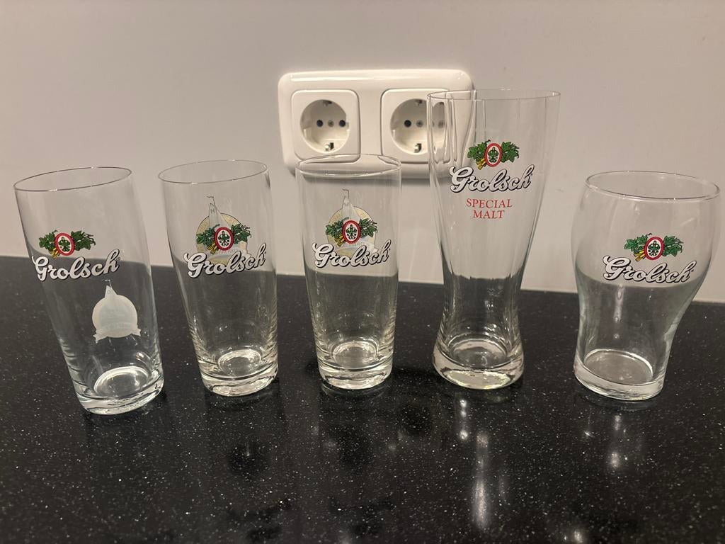 Grolsch bierglazen - Set van 5, Ophalen of Verzenden, Gebruikt, Overige materialen, Los bestek
