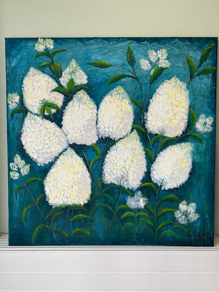 Koninklijk witte hortensia’s. 100X100 cm, Antiek en Kunst, Ophalen