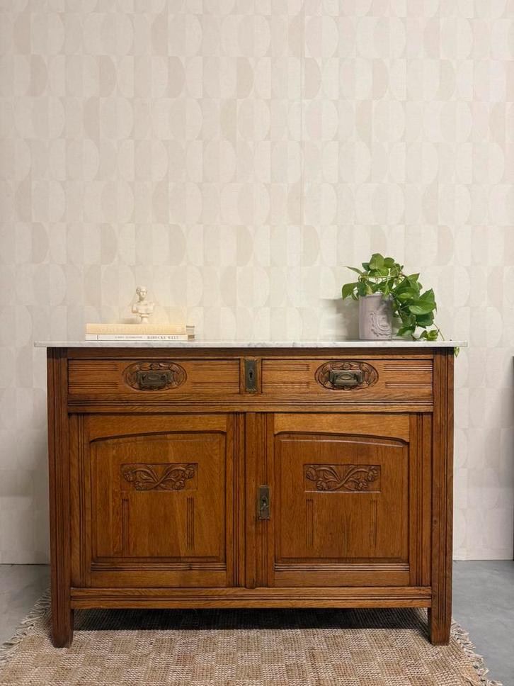 Vintage antiek commode dressoir marmer blad eikenhout, Huis en Inrichting, Kasten | Dressoirs, Zo goed als nieuw, 100 tot 150 cm