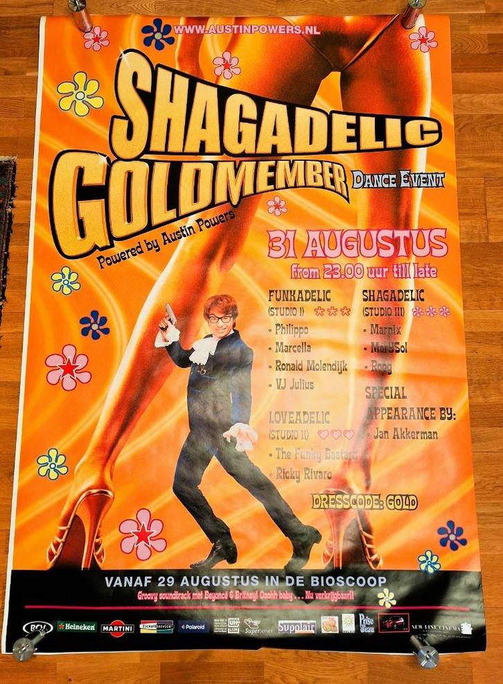 DJ festival 2002 SHAGADELIC GOLDMEMBER -AUSTIN POWERS poster, Verzamelen, Muziek, Artiesten en Beroemdheden, Zo goed als nieuw