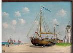 Schilderij Katwijk Bomschuit KW74 op Strand, Antiek en Kunst, Ophalen of Verzenden