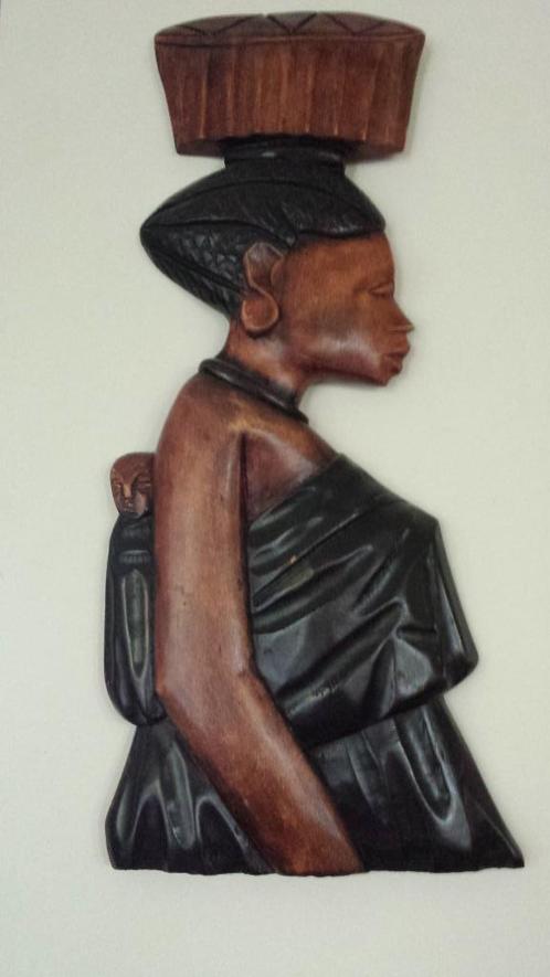 Houten WANDDECORATIE <> Afrikaanse VROUW met KIND, Huis en Inrichting, Woonaccessoires | Wanddecoraties, Zo goed als nieuw, Ophalen of Verzenden