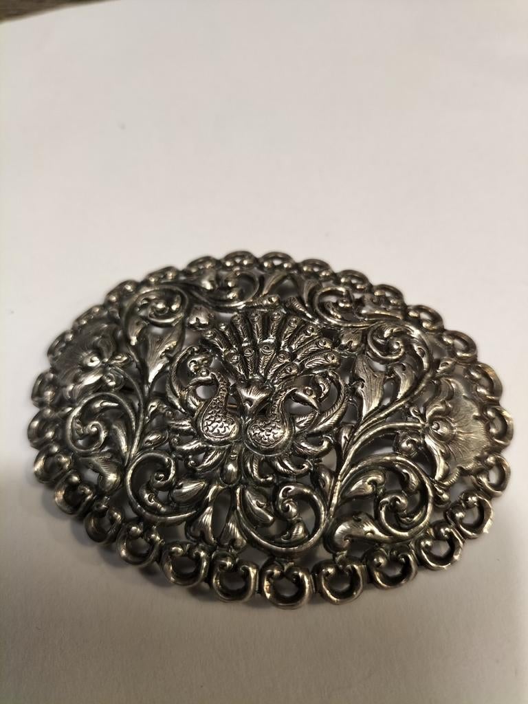Prachtige antieke grote zilveren pauwen broche., Sieraden, Tassen en Uiterlijk, Antieke sieraden, Verzenden, Zilver, Broche