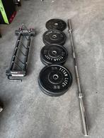 150kg Bumperplates + Olympische Halterstang 220cm, Ophalen, Gebruikt, Halterschijven