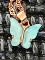Ketting blauwe akoya parel steen vlinder, Verzenden, Nieuw, Goud, Met hanger