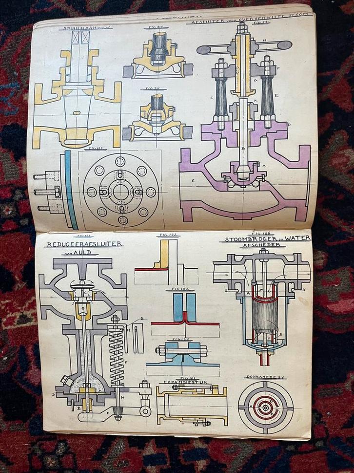 Antiek handgetekend blok vol motoren en ketels, Antiek en Kunst, Kunst | Tekeningen en Foto's, Ophalen of Verzenden
