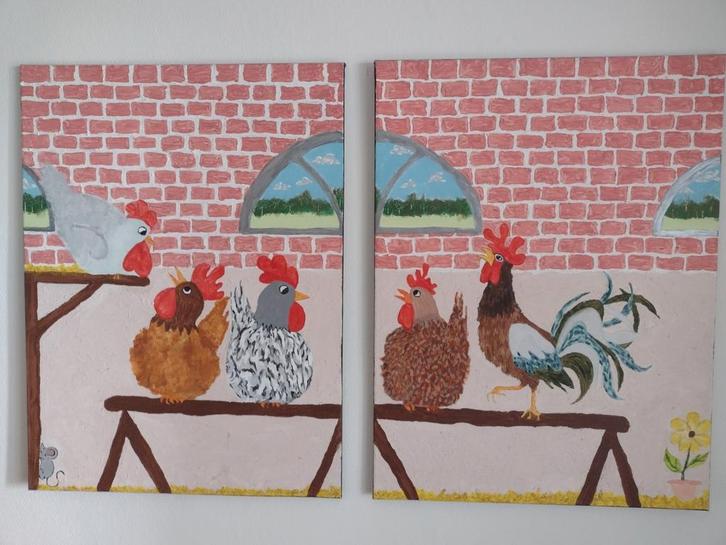 Twee Luik schilderij van boerderij kip, Antiek en Kunst, Kunst | Litho's en Zeefdrukken, Ophalen of Verzenden