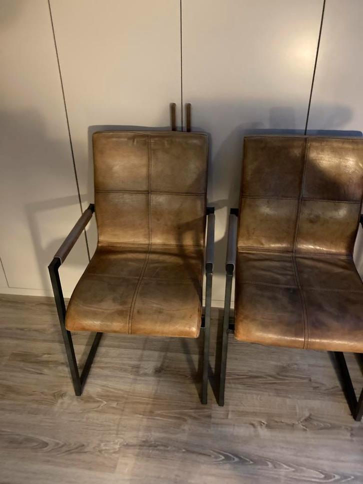 3 leren eetkamerstoelen met metalen frame, Antiek en Kunst, Antiek | Meubels | Stoelen en Banken, Ophalen
