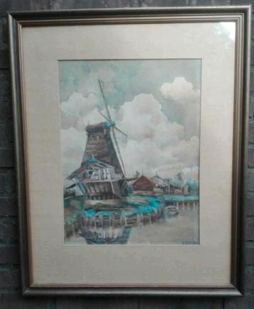 Kunstschilder Wilhelmus Broens aquarel Dordrecht molen  beschikbaar voor biedingen