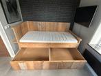 Stoer steigerhout bed inclusief Meradiso matras en laden, Ophalen, 100 cm, Eenpersoons, Beige