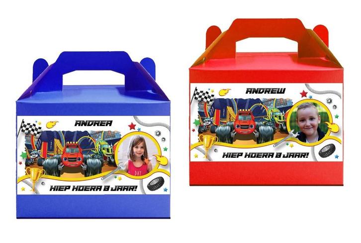 Blaze Monstertruck traktatie doosjes met naam & foto kind, Hobby en Vrije tijd, Feestartikelen, Nieuw, Feestartikel, Verjaardag