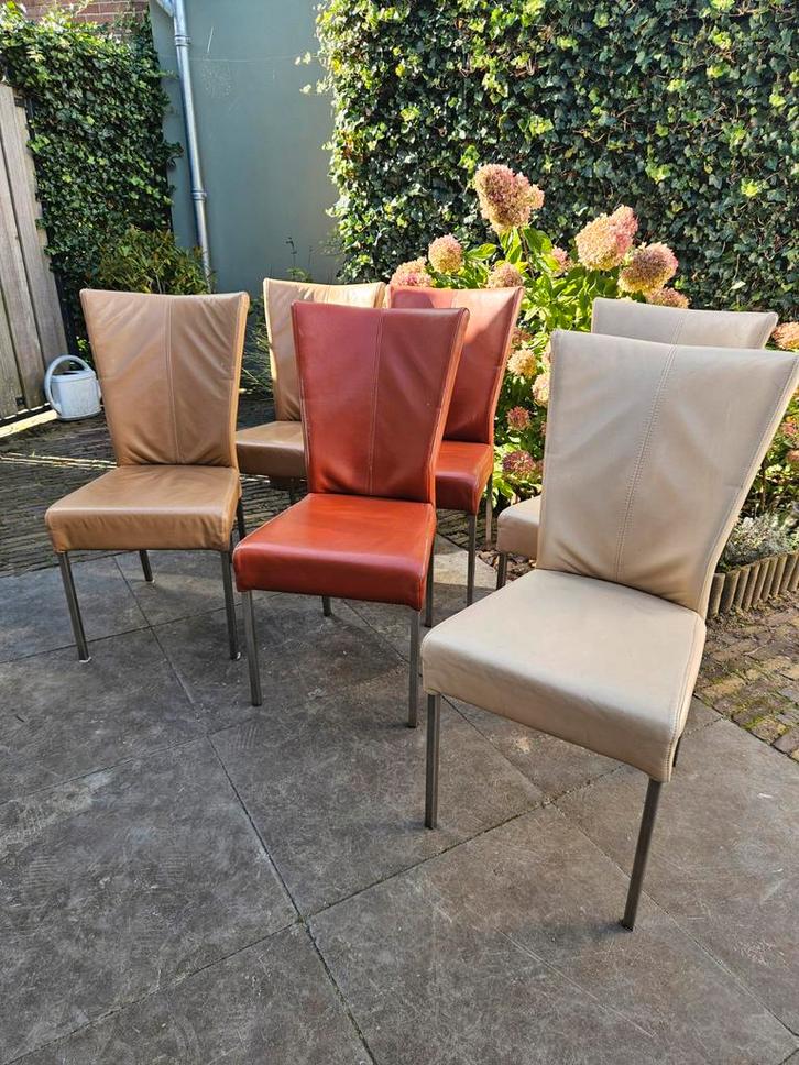 Leren Eetkamerstoelen - Set van 6, Huis en Inrichting, Stoelen, Gebruikt, Vijf, Zes of meer stoelen, Leer, Metaal, Ophalen