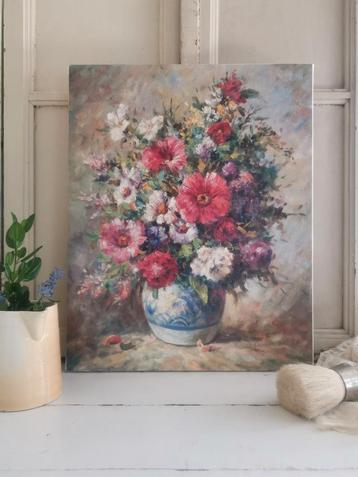 Brocante olieverf schilderij bloemstilleven  beschikbaar voor biedingen
