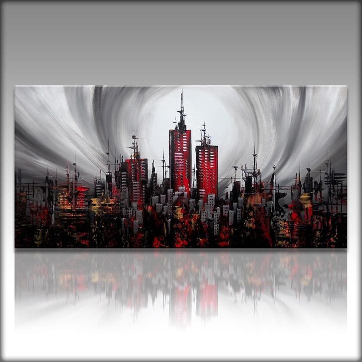 " City at Night " Acrylschilderij van Gia Hung, Antiek en Kunst, Kunst | Schilderijen | Modern, Ophalen of Verzenden
