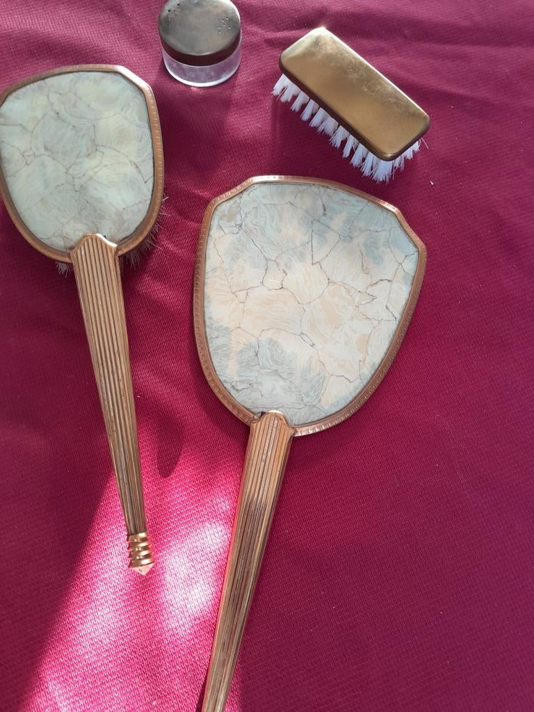 Antiek Toilet Set - Borstel, Spiegel, Doosje, Ophalen of Verzenden, Overige materialen, Overige typen
