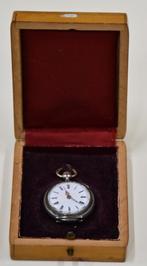 Oud zakhorloge 800 zilver in houten kistje, Antiek en Kunst, Ophalen of Verzenden, Zilver