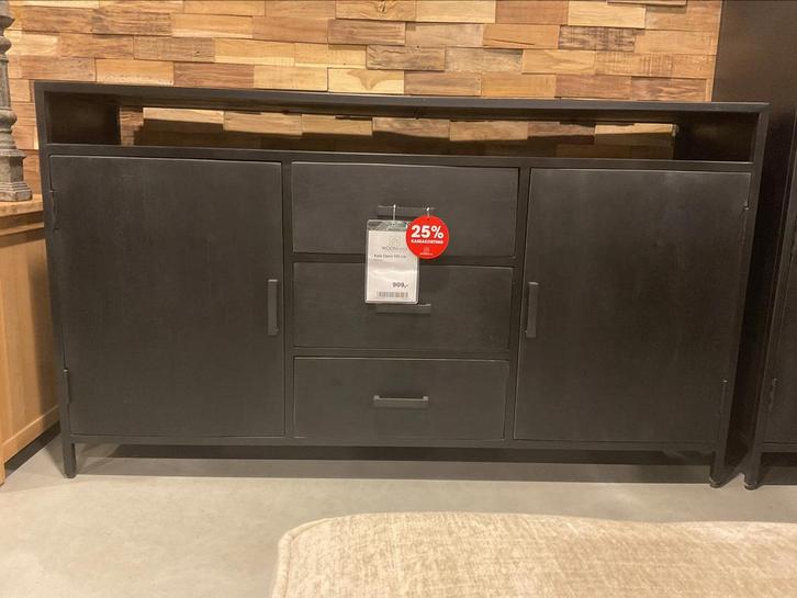 Showroomopruiming | Dressoir Kala 150 cm | Zwart Mangohout, Huis en Inrichting, Kasten | Dressoirs, Nieuw, 100 tot 150 cm, 25 tot 50 cm