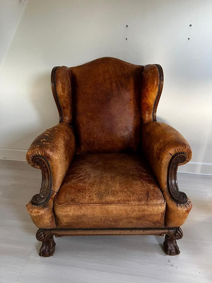 Grote schapenleren oorfauteuil, Antiek en Kunst, Antiek | Meubels | Stoelen en Banken, Ophalen