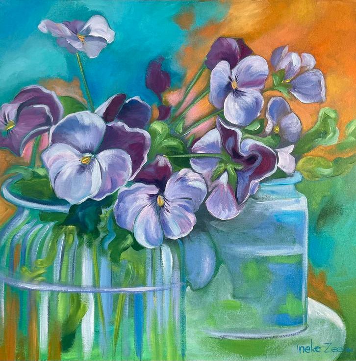 Schilderij viooltjes, Antiek en Kunst, Kunst | Schilderijen | Modern, Ophalen of Verzenden