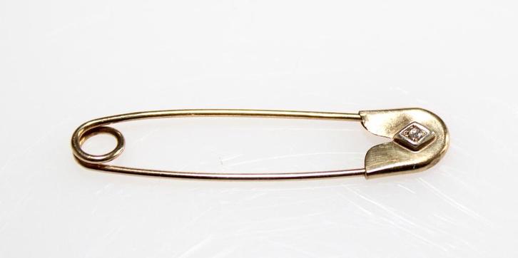 Schitterende 8-Kt Goud & Diamant Veiligheidsspeld Broche, Sieraden, Tassen en Uiterlijk, Antieke sieraden, Broche, Goud, Met edelsteen